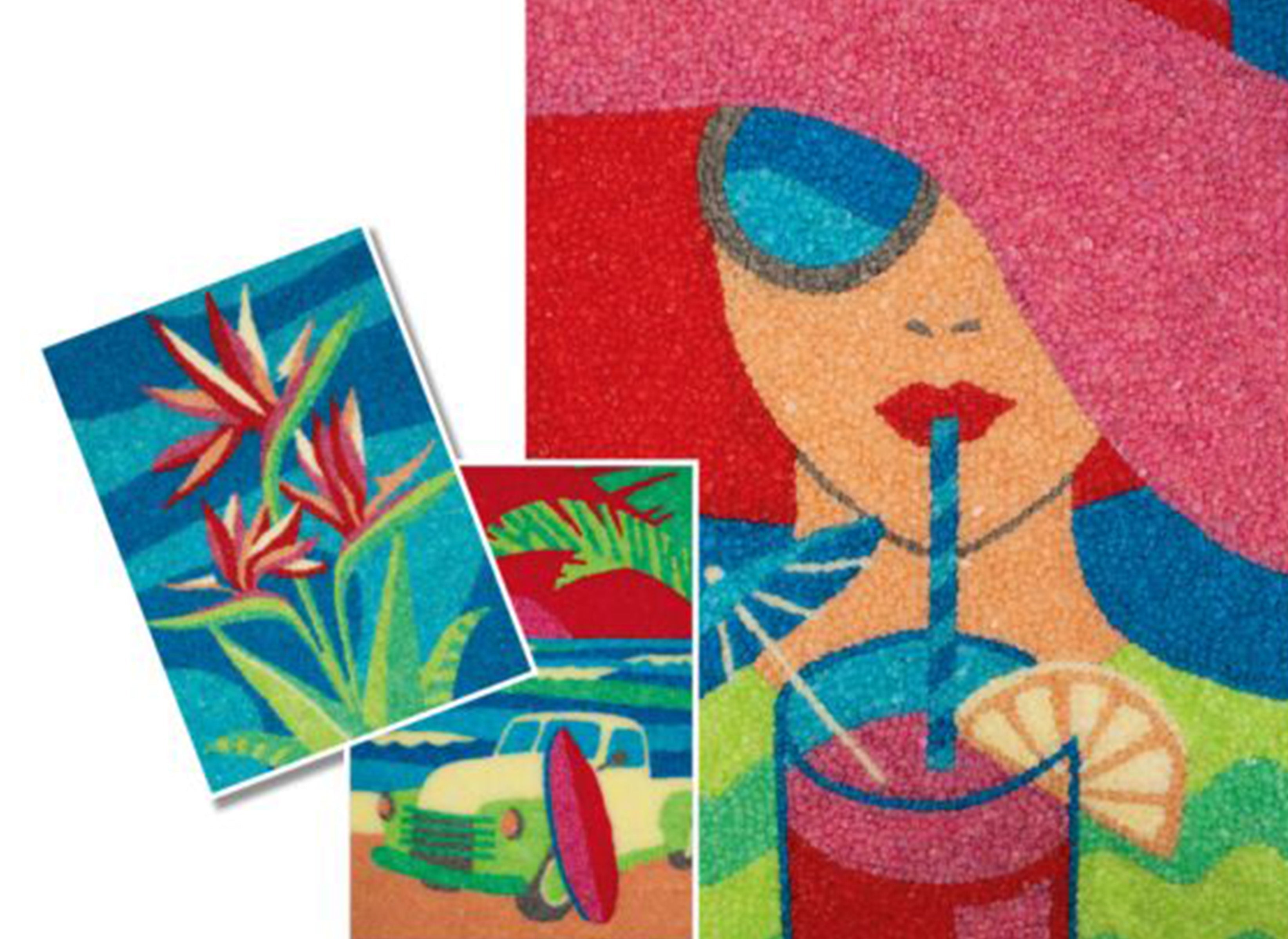 Pop-Art-Collage: Frau mit Sonnenbrille und Hut, Blumen, Auto mit Surfbrett. Alles aus bunten Nubsis gestaltet.