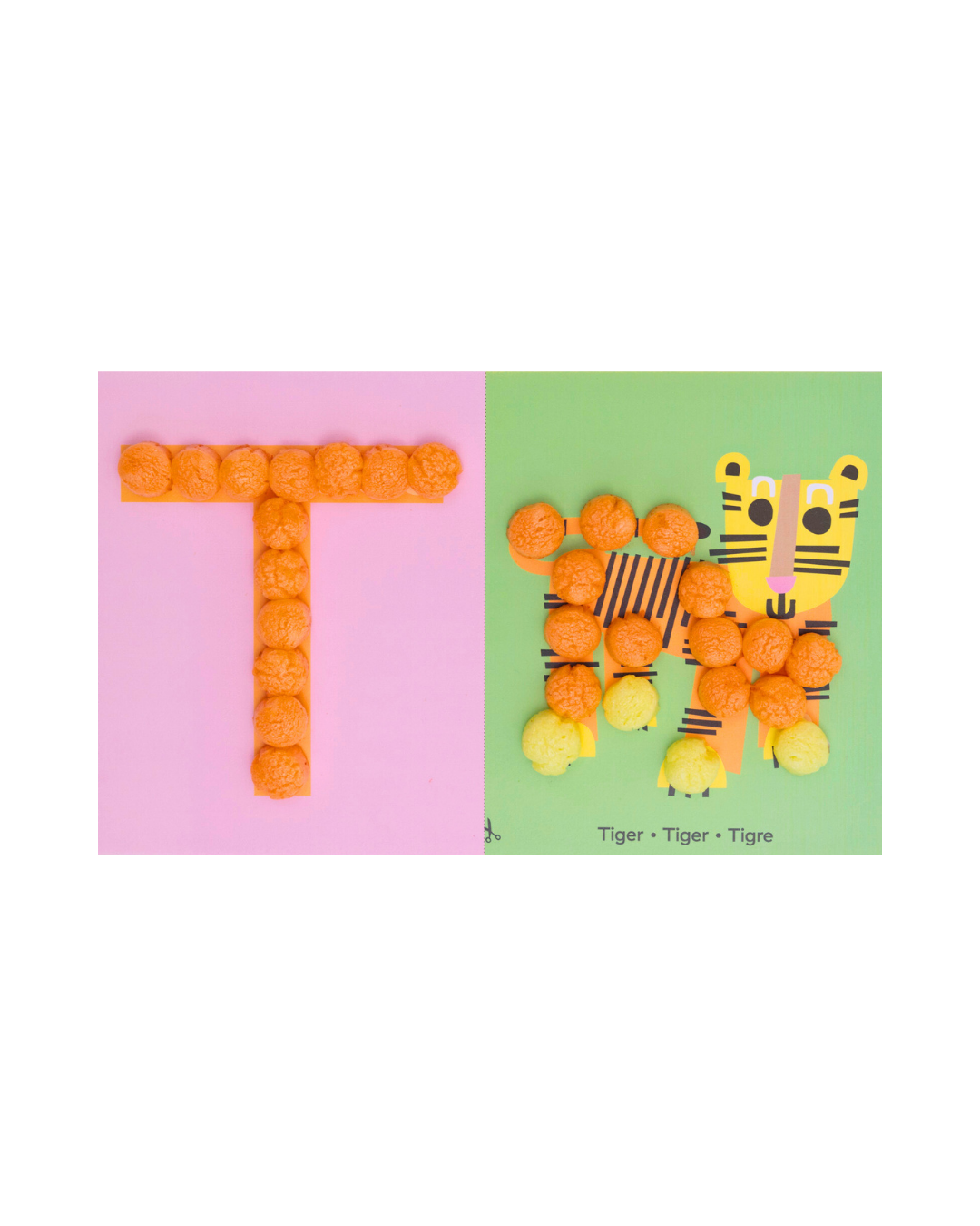 Orange Nubsis formen den Buchstaben "T" auf rosa Hintergrund; daneben ein Tiger aus Nubsis auf grünem Hintergrund.