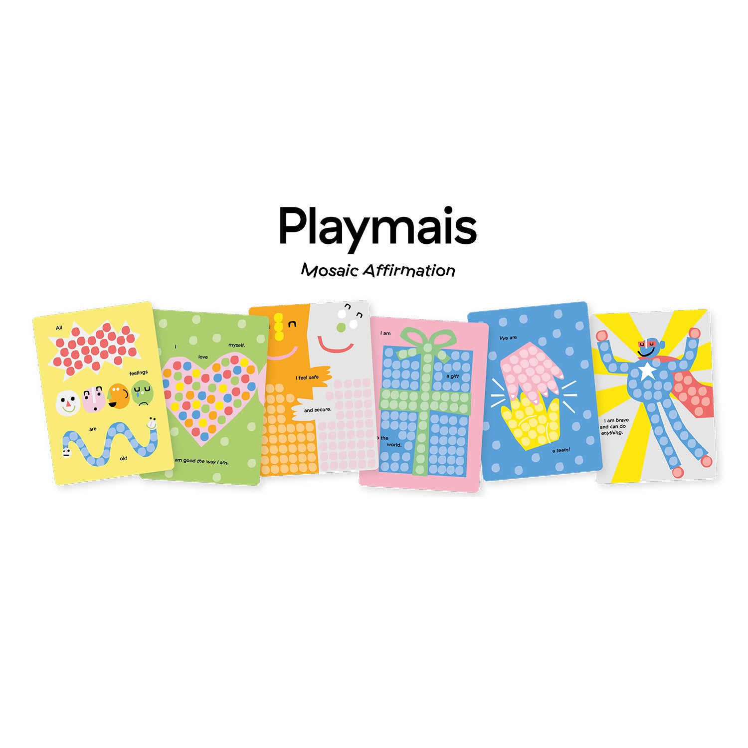 Bunte PlayMais-Mosaik-Karten mit fröhlichen Designs und affirmierenden Botschaften vor weißem Hintergrund.