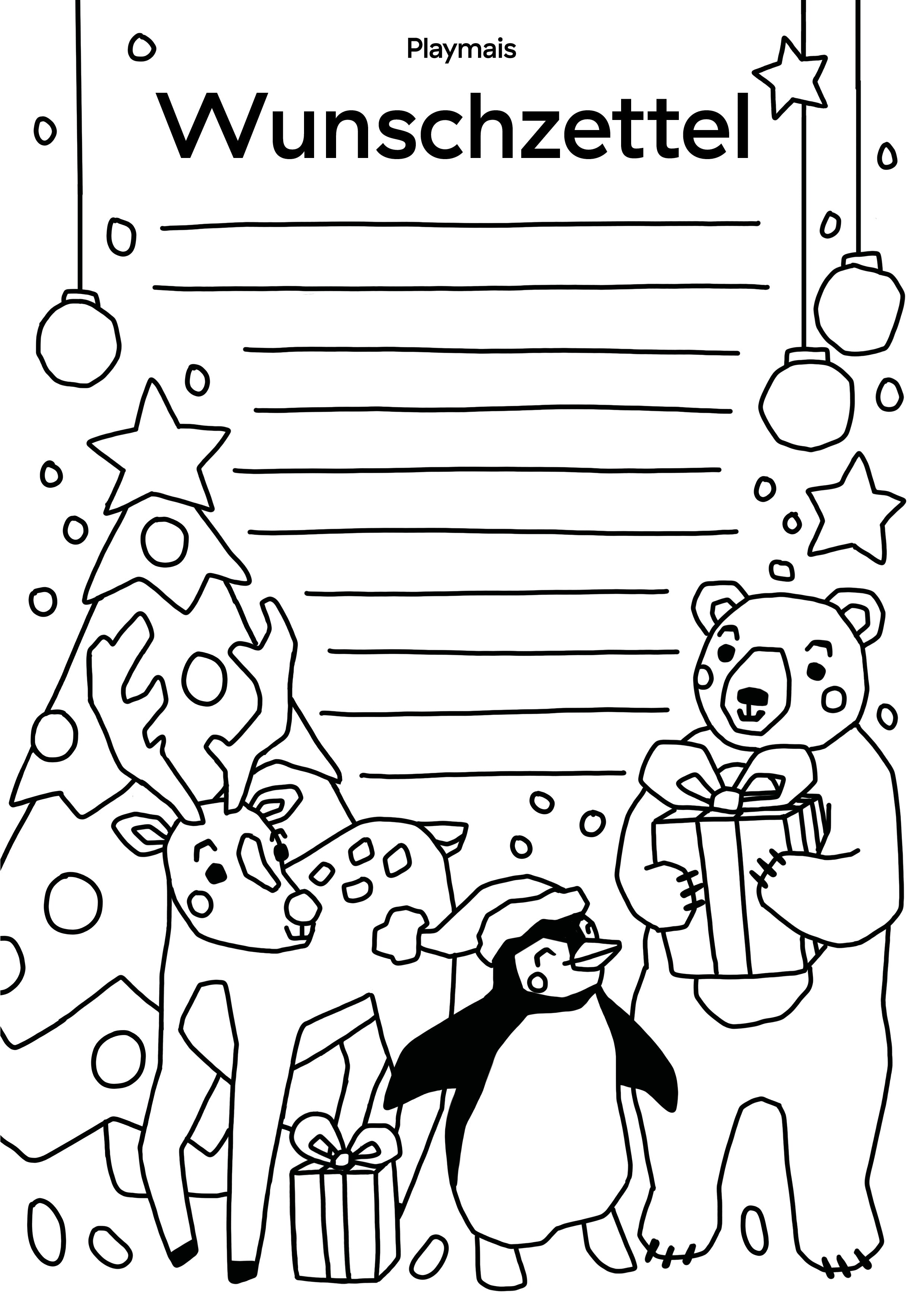 Playmais Wunschzettel mit Weihnachtsbaum, Rentier, Pinguin , Bär, Geschenken und Weihnachtsschmuck. Zum Bemalen und Bekleben.