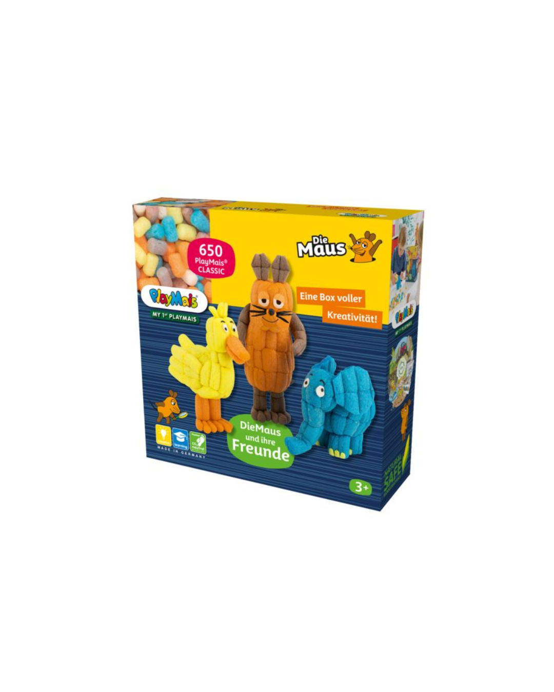 Verpackung des PlayMais-Bastelsets mit 650 Nubsis, zeigt Figuren von "Die Maus" und Freunden auf der Vorderseite.