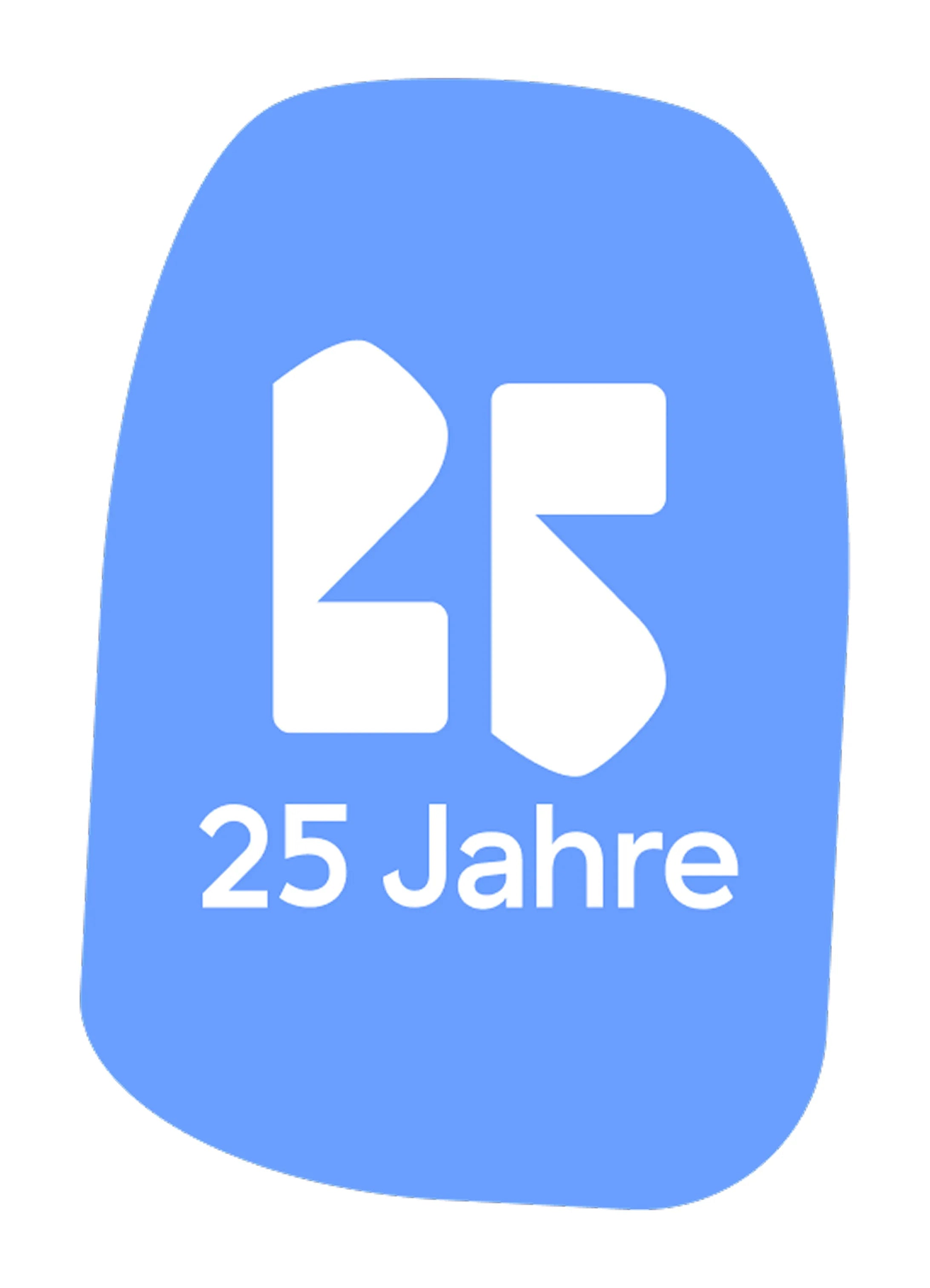 Blaues Logo mit stilisierter weißer "25" und Schriftzug "25 Jahre".