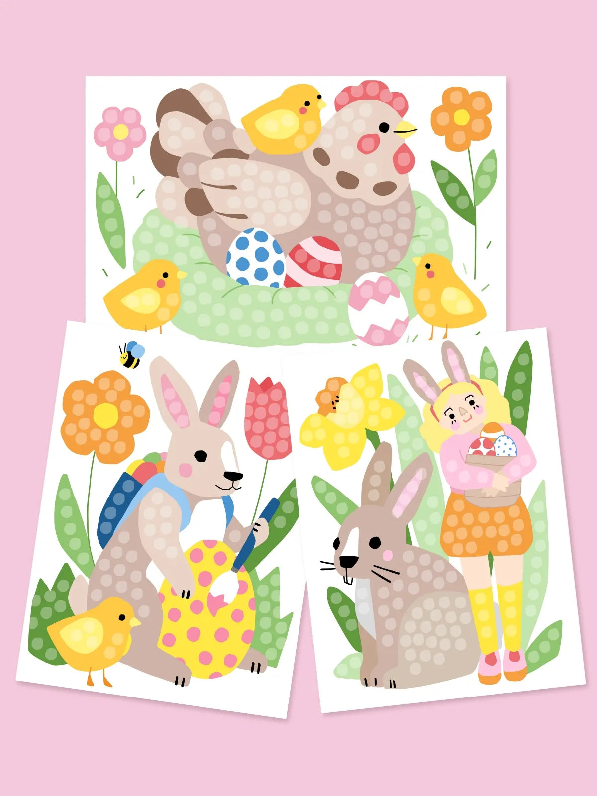 Kostenlose Downloads in Farbe mit Ostermotiven: Henne mit Küken, Osterhase, Kind mit Kaninchen und Ostereiern.