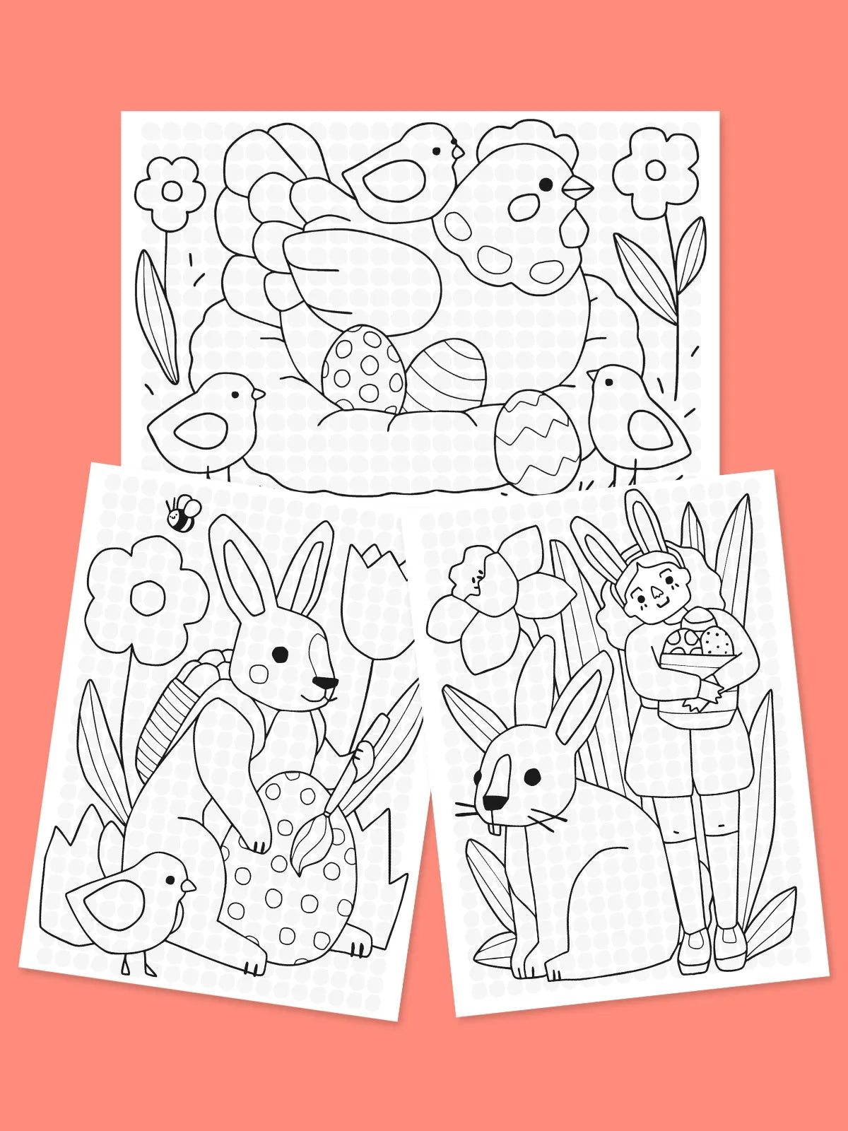 Kostenlose Downloads in Schwarzweiß mit Ostermotiven: Henne mit Küken, Osterhase, Kind mit Kaninchen und Ostereiern.