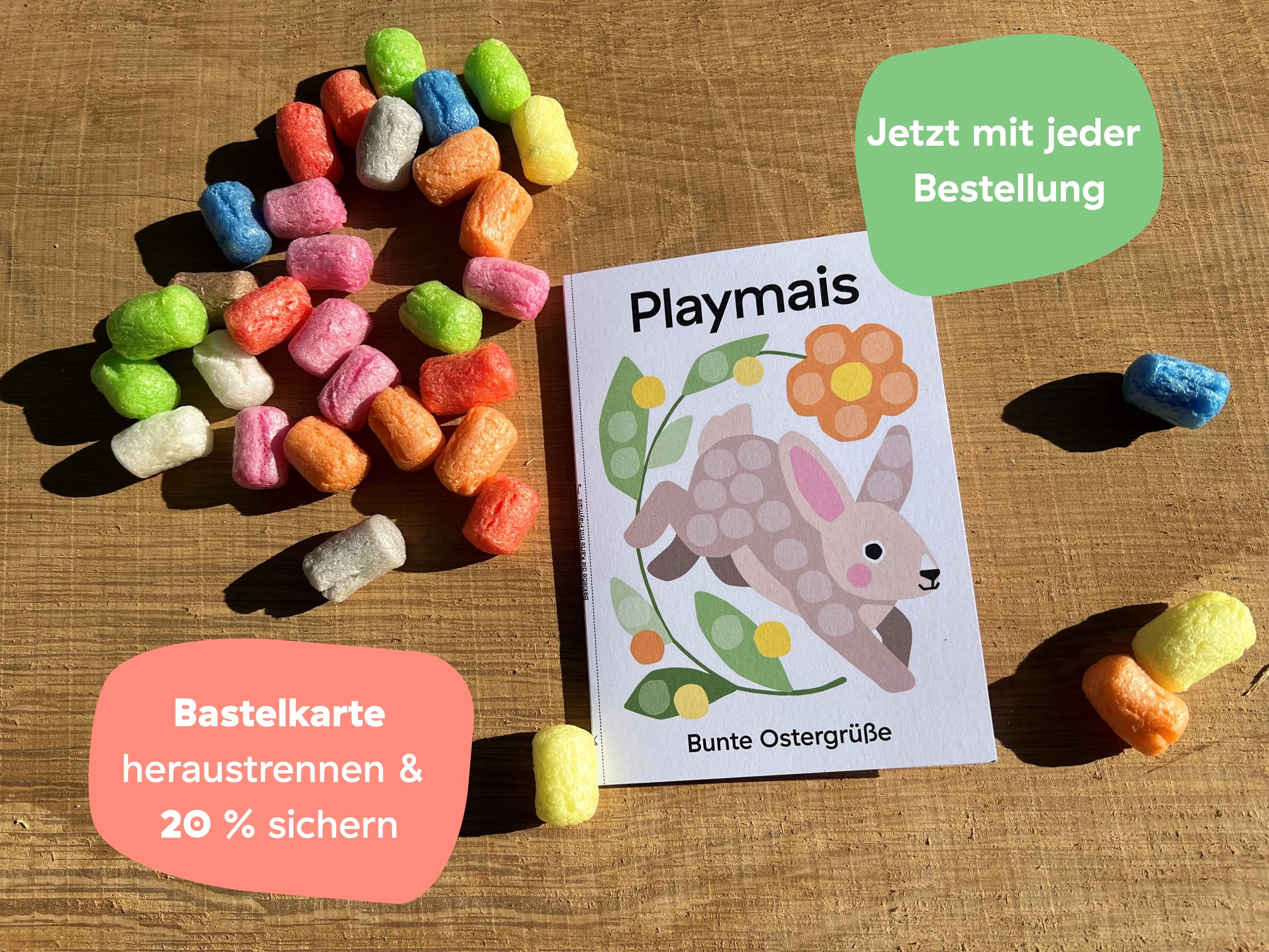 Paketbeileger mit heraustrennbarer Bastelkarte mit Oster-Motiv und 20 % Rabattcode für die nächste Bestellung.