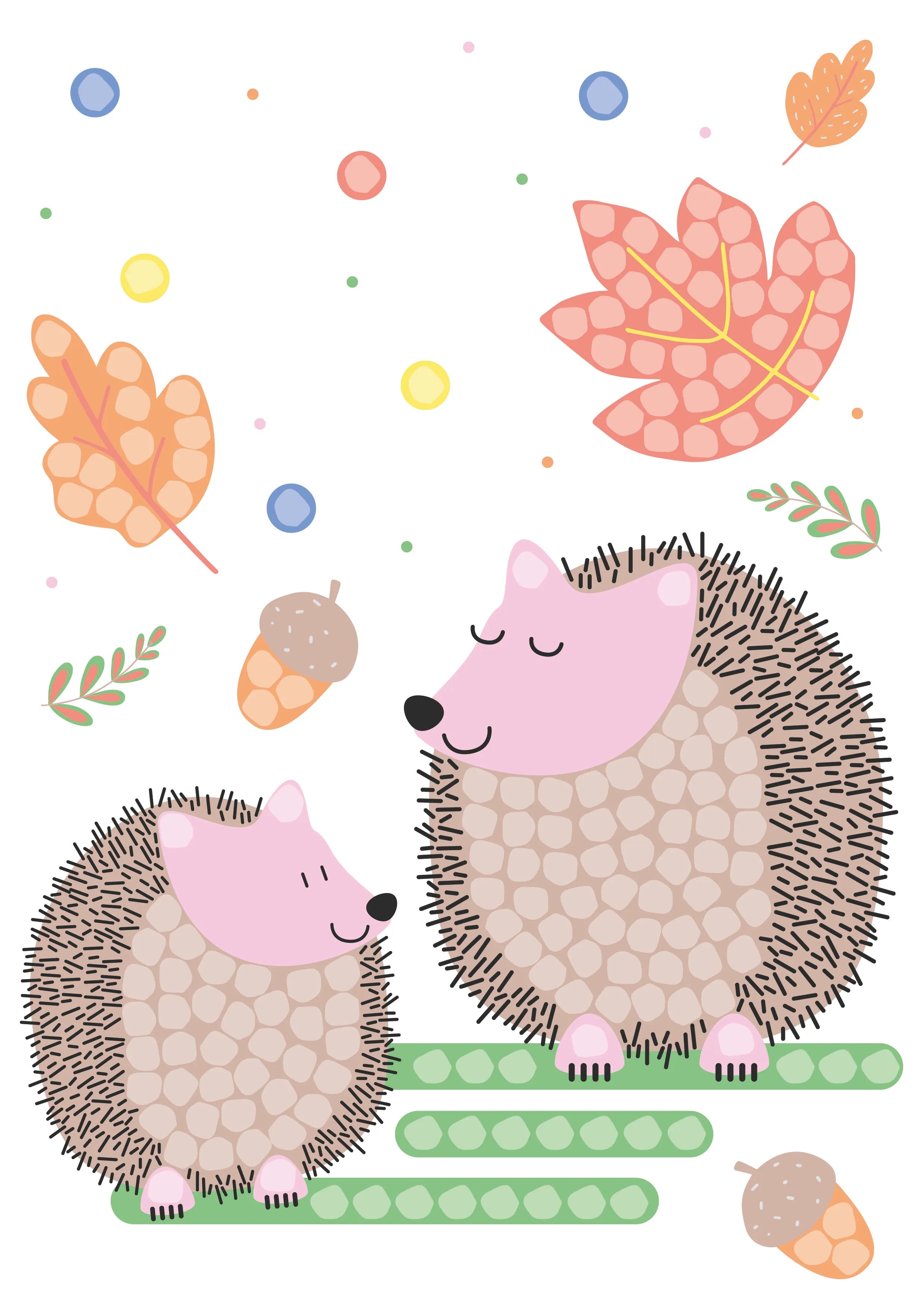 Zwei Igel, Mutter und Kind, mit Blättern und Eicheln im Herbst.