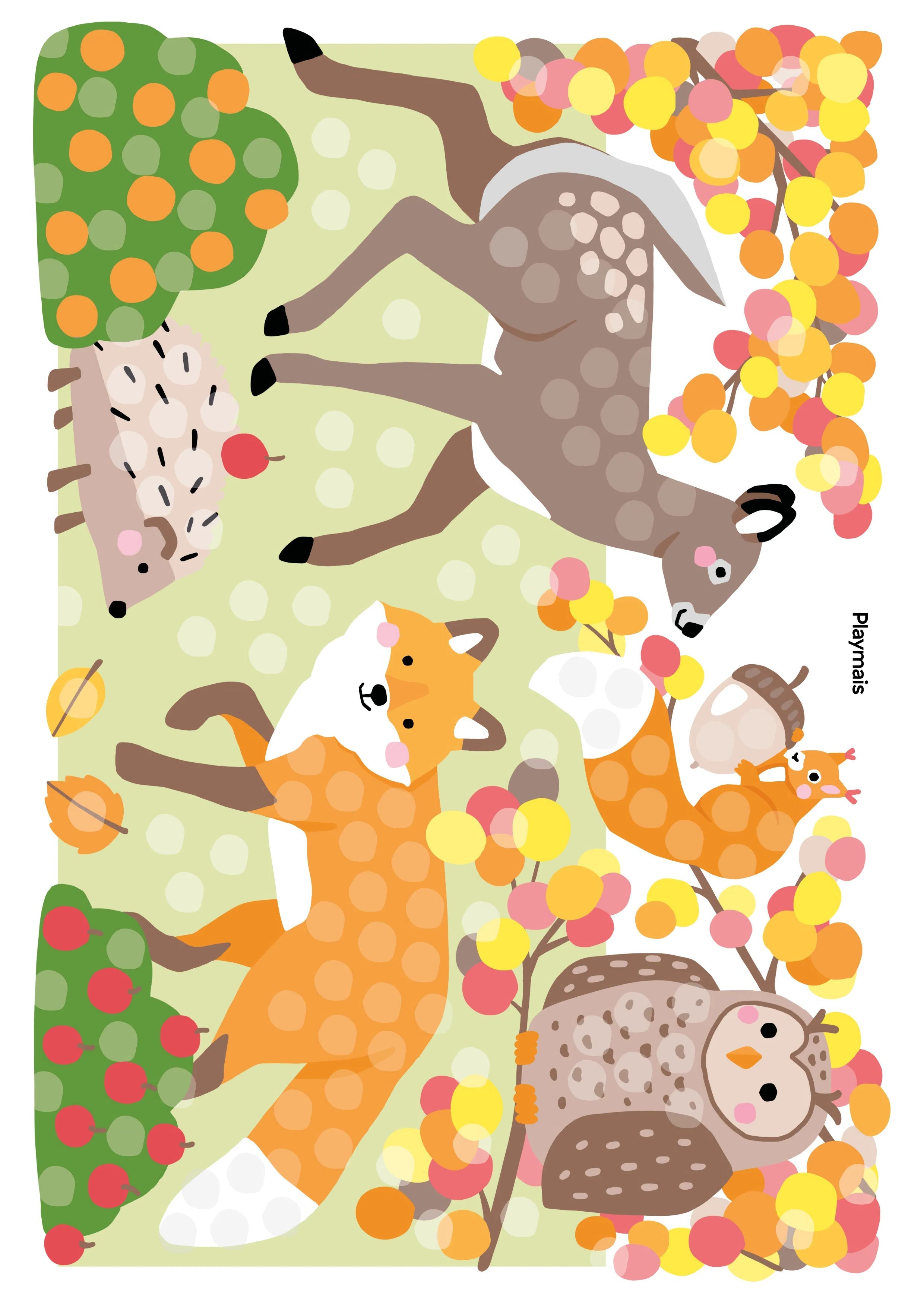 Reh, Igel, Fuchs, Eichhörnchen und Eule im herbstlichen Wald. Zum Bekleben mit Playmais.