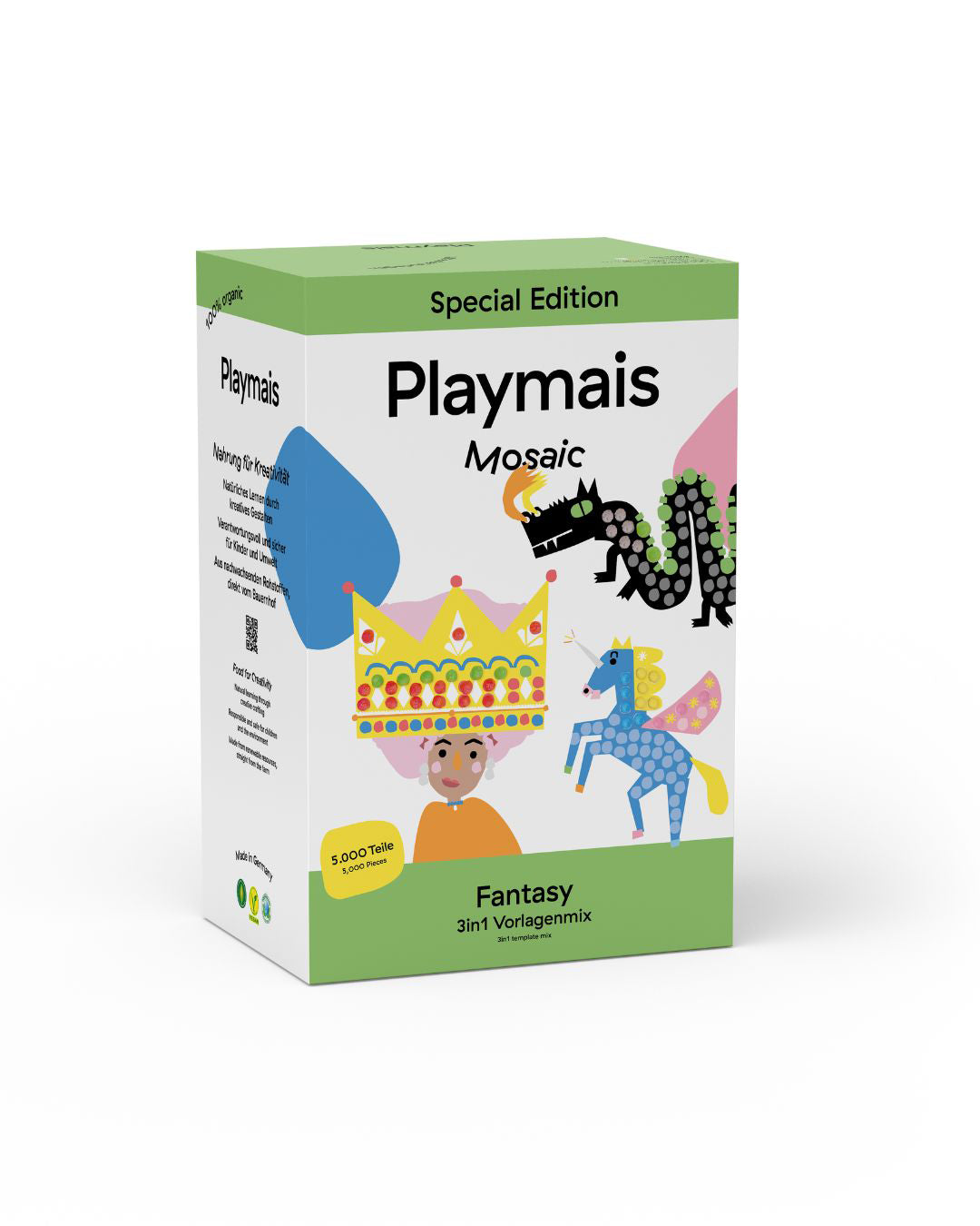Verpackung der Playmais Sonderedition Mosaic Fantasy mit 9 Motiv-Vorlagen und 5000 Playmais-Teilen