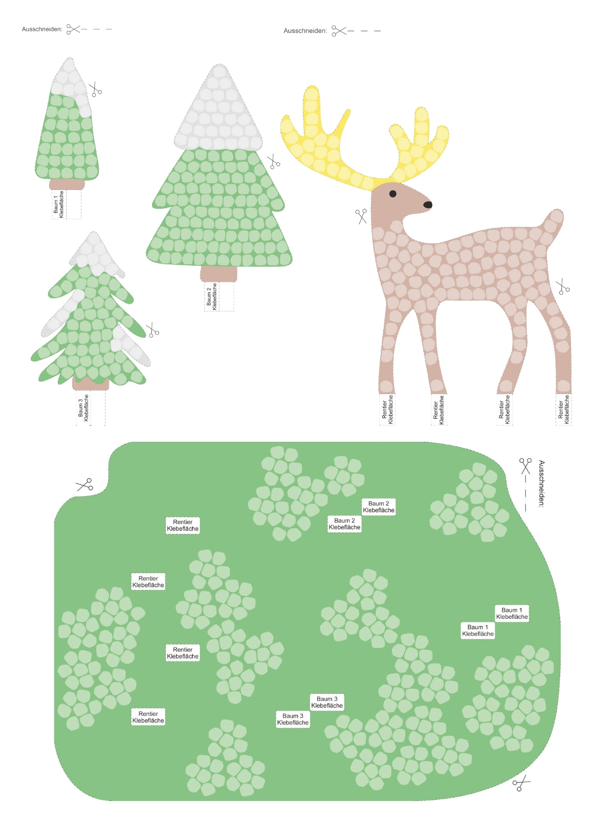 Bäume, Waldboden und ein Rentiert zum Ausschneiden und bekleben mit Playmais-Mosaic.