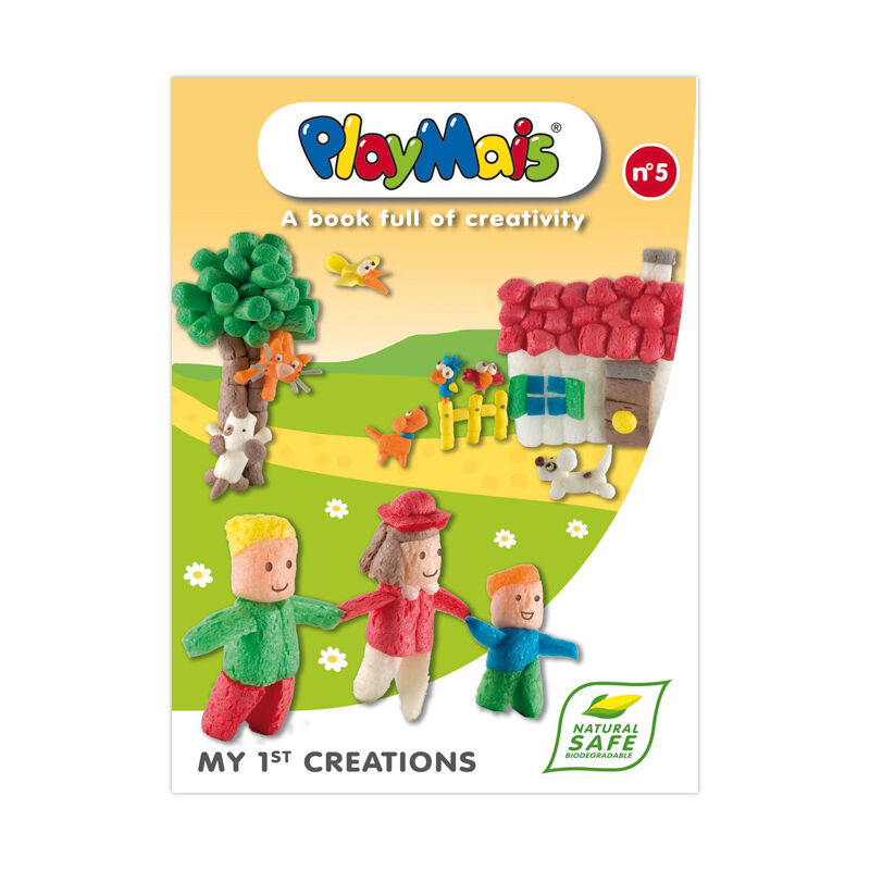 "Cover eines PlayMais-Buchs mit Figuren und Tieren auf einem Bauernhof aus Nubsis. Text: 'My 1st Creations'."