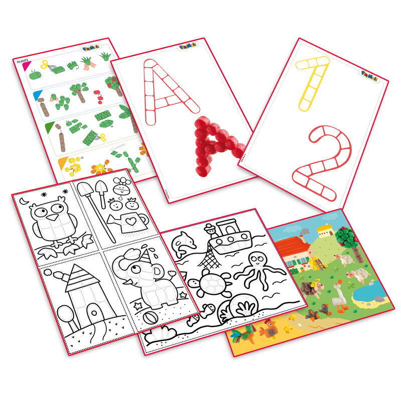 Verschiedene Lernkarten mit Buchstaben, Zahlen, Ausmalbildern und farbigen Bildvorlagen, teils mit Nubsis bedeckt.
