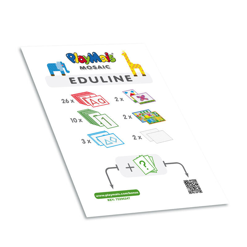 Illustration mit PlayMais Mosaic Eduline, zeigt verschiedene Kartentypen und enthält einen QR-Code und einen Weblink.