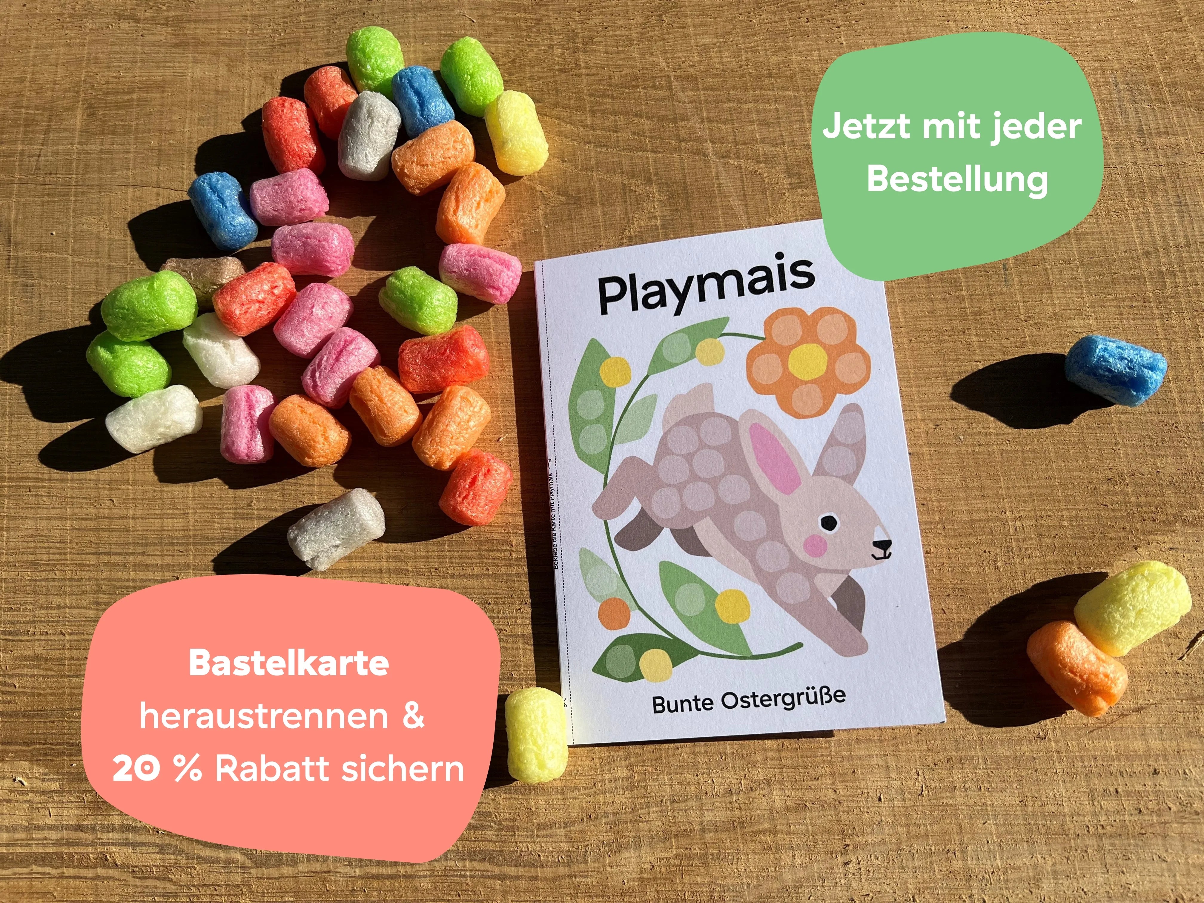 Paketbeileger mit Bastelkarte: Ostermotiv und 20 % Rabatt auf alles für die nächste Bestellung.