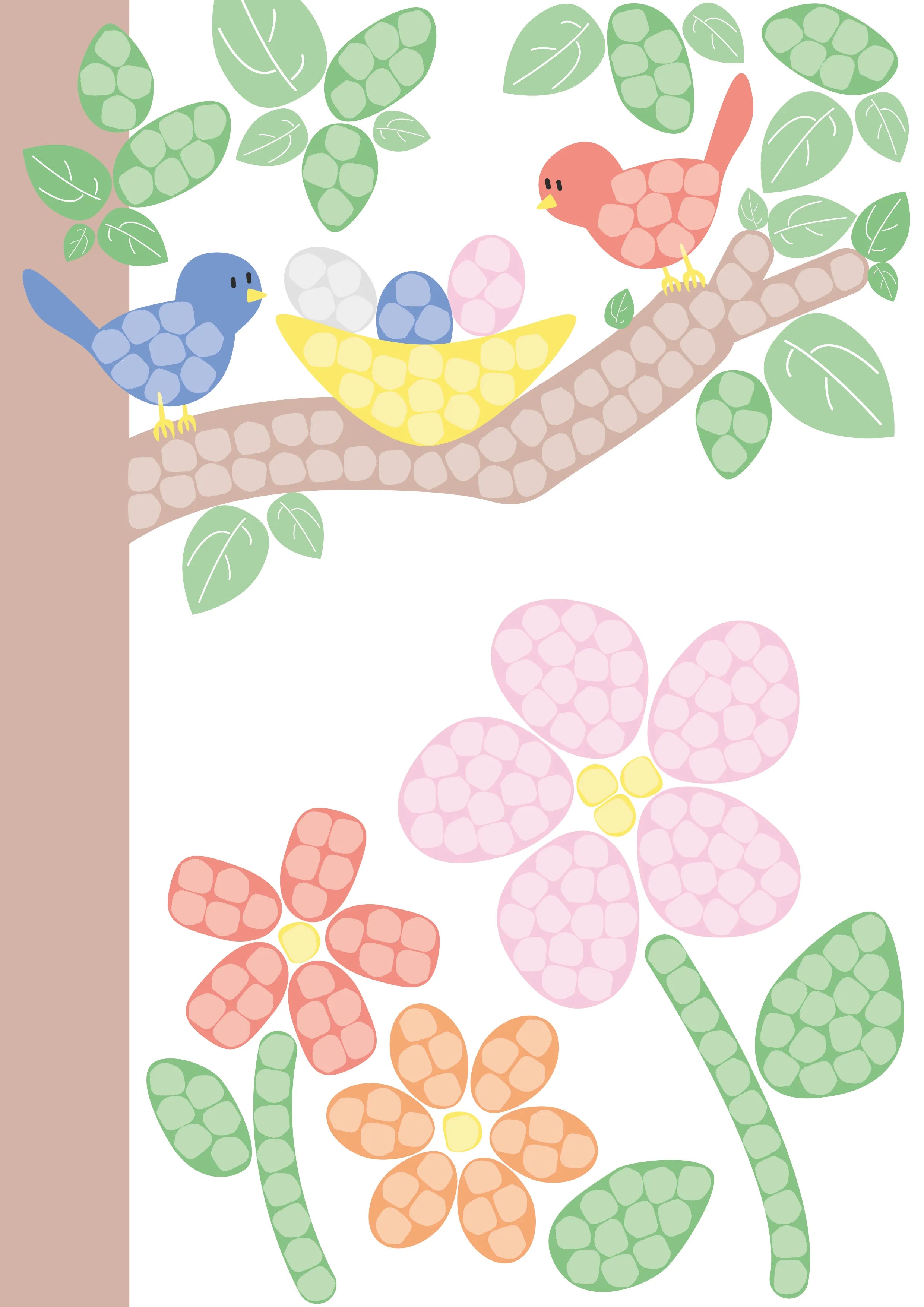 Zwei Vögel und Nest mit bunten Eiern auf einem Ast. Darunter bunte Frühlingsblumen.