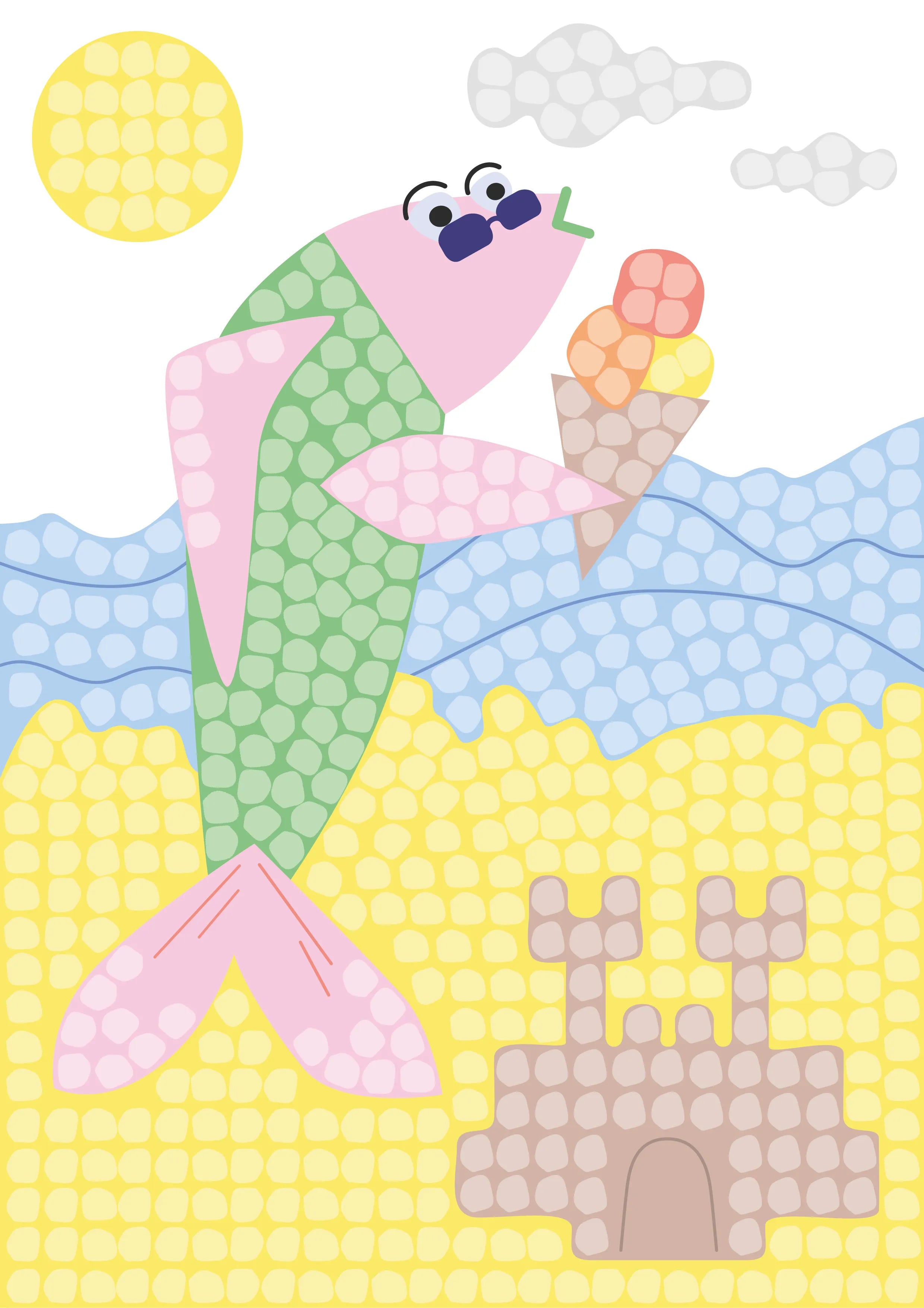 Fisch am Strand mit Sonnenbrille und Waffeleis mit bunten Eiscremekugeln. Davor eine Sandburg.